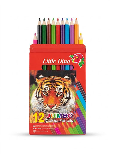 Little Dino 12 Pack Jumbo Colour Pencils – Thick Non-Toxic Wooden Pencils for Preschool & Primary School Art