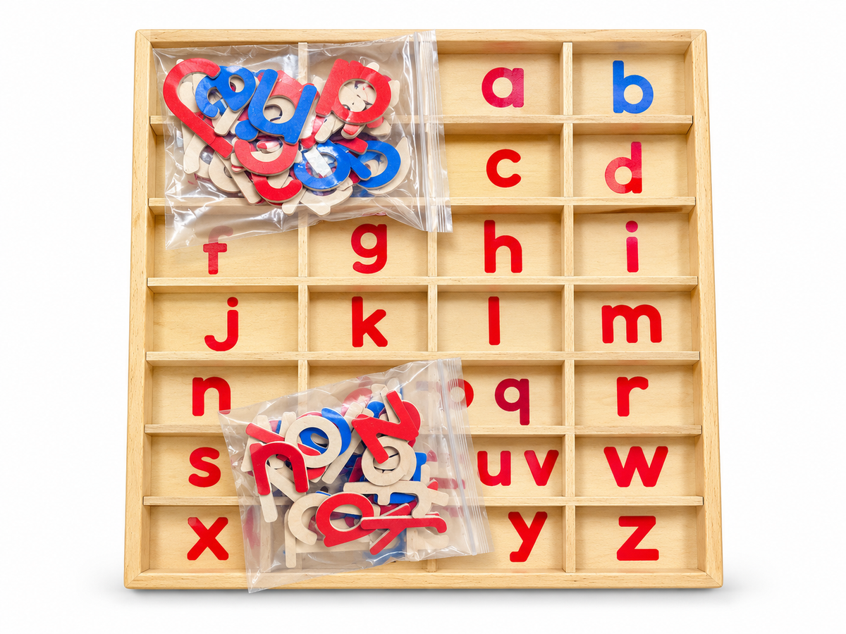 Wooden Movable Alphabet Set with Compartment Storage Box – Montessori Lowercase Letters Spelling & Reading Toy