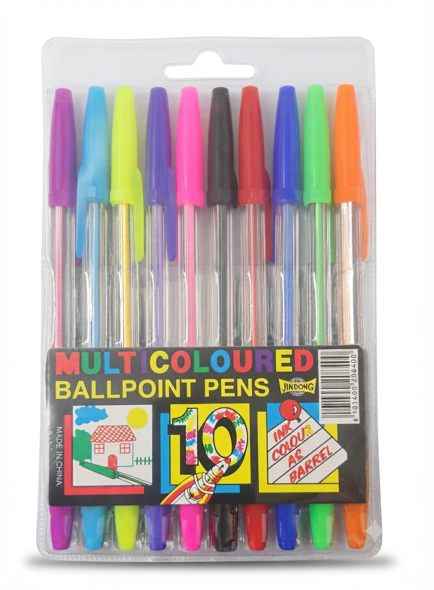 Multicoloured Ballpoint Pens (Pack of 10) – Smooth Writing Assorted Ink Pens for School & Office